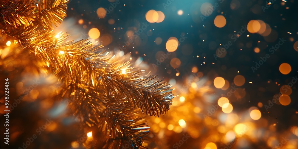 Fototapeta premium Sparkling tinsel garland in gold ,blurry background,
