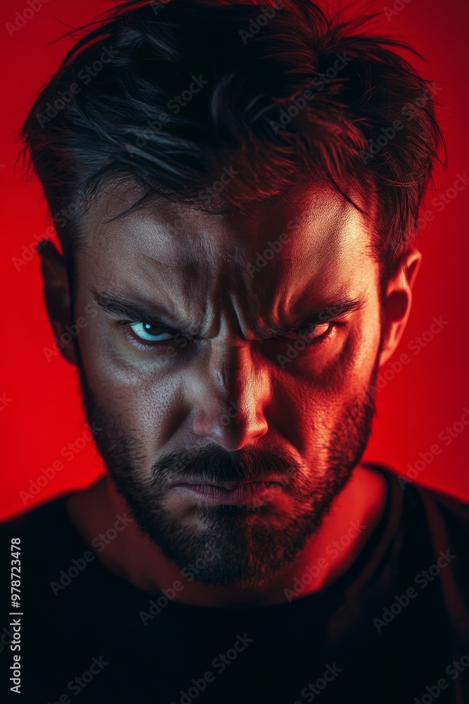 Man displays a fierce and intense expression of anger on red backdrop Man displays a fierce and intense expression of anger on red backdrop