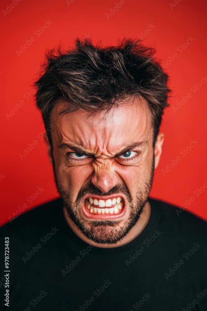 Man displays a fierce and intense expression of anger on red backdrop Man displays a fierce and intense expression of anger on red backdrop