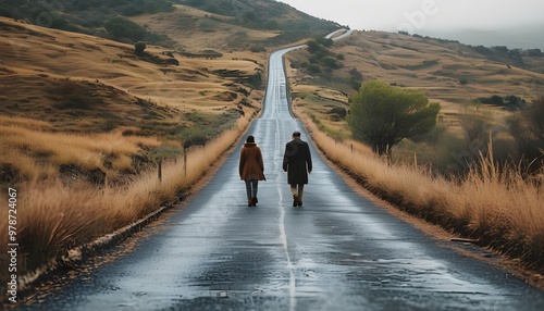 Endless journey on a winding road shared by two companions photo