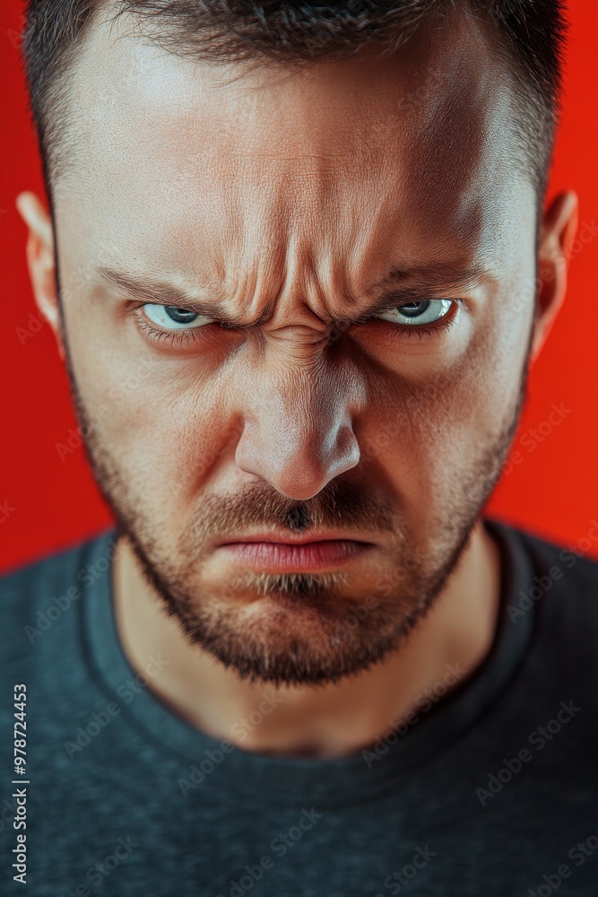 Man displays a fierce and intense expression of anger on red backdrop Man displays a fierce and intense expression of anger on red backdrop