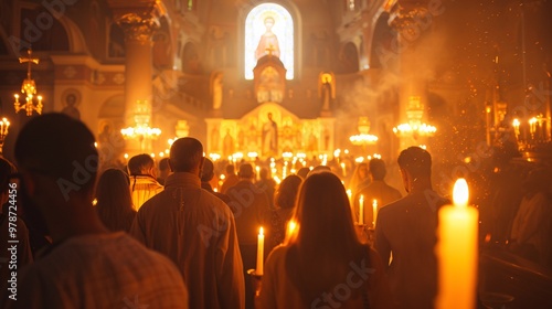 A Greek Easter ceremony procession of devout followers holding candles during a divine liturgy in a Cathedral in Athens. photo