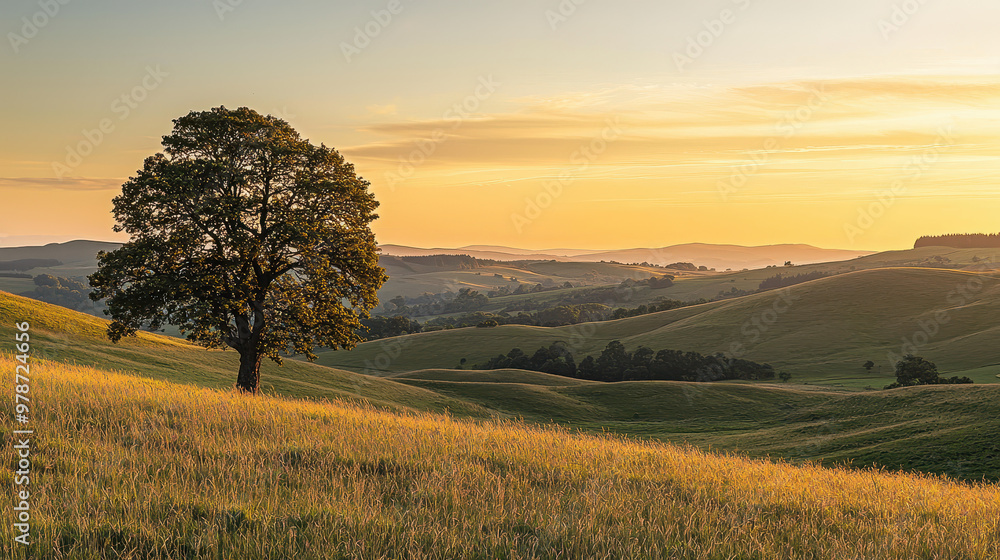 Serene landscape with rolling hills and a solitary tree under a golden sunset sky, showcasing a peaceful natural setting Serene landscape with rolling hills and a solitary tree under a golden sunset sky, showcasing a peaceful natural setting