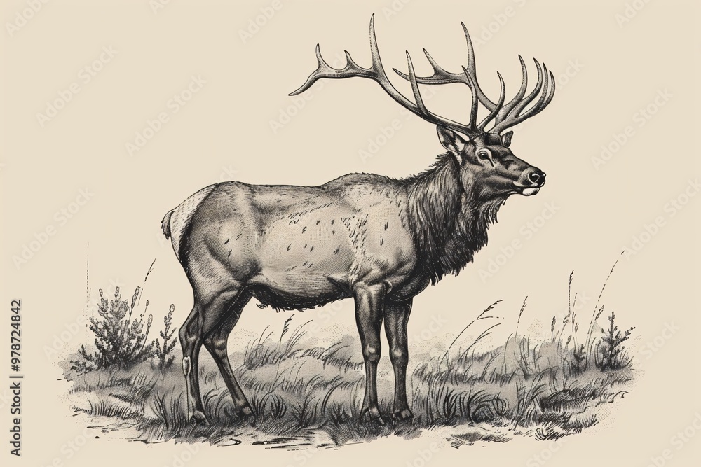 A hand-drawn illustration of a deer or stag with an engraved style. A hand-drawn illustration of a deer or stag with an engraved style.
