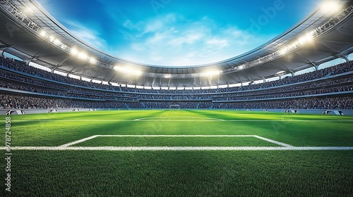 Football stadium with green field illuminated by lights, stands filled with fans cheering, under a clear blue sky