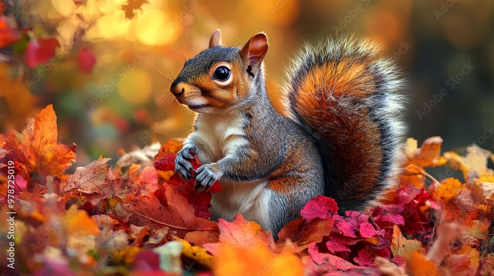 A vibrant squirrel sits amidst autumn's colorful foliage, capturing the essence of the season. A vibrant squirrel sits amidst autumn's colorful foliage, capturing the essence of the season.
