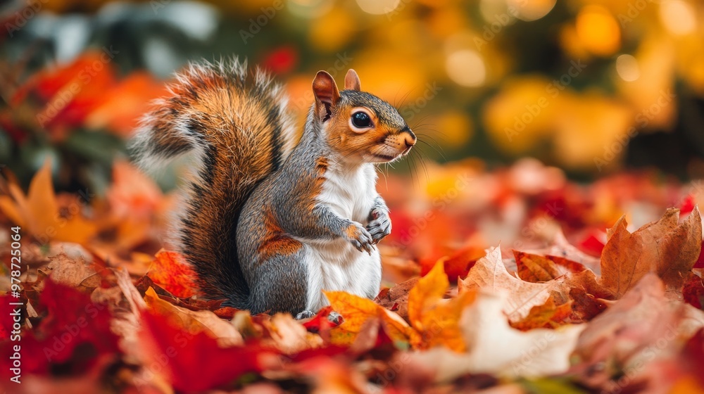 A vibrant squirrel sits amidst autumn's colorful foliage, capturing the essence of the season. A vibrant squirrel sits amidst autumn's colorful foliage, capturing the essence of the season.