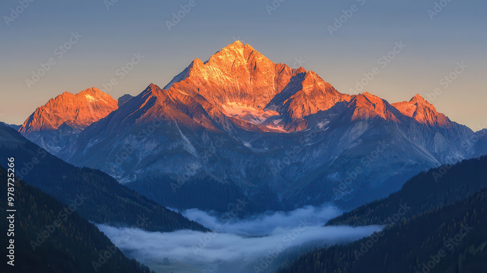 Majestic mountain peak illuminated by sunrise, surrounded by lush green hills and misty lowlands, showcasing breathtaking natural beauty Majestic mountain peak illuminated by sunrise, surrounded by lush green hills and misty lowlands, showcasing breathtaking natural beauty