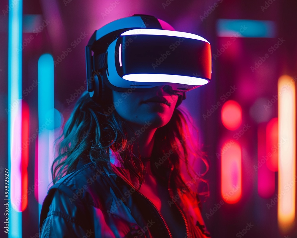 A person wearing a virtual reality headset in vibrant neon lights, representing innovation and technology in gaming and entertainment. A person wearing a virtual reality headset in vibrant neon lights, representing innovation and technology in gaming and entertainment.