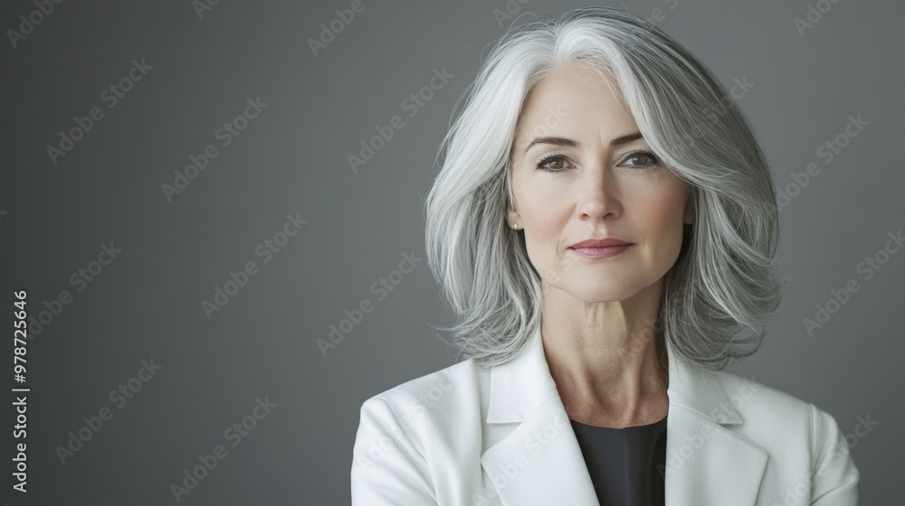 Fototapeta premium A woman in her late fifties or early sixties with gray hair wears a white jacket and poses against a gray background.