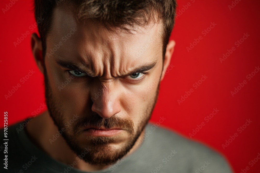 Man displays a fierce and intense expression of anger on red backdrop Man displays a fierce and intense expression of anger on red backdrop