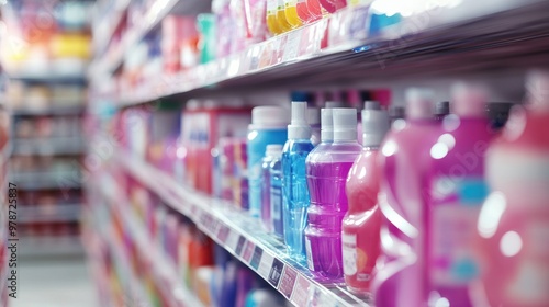 A colorful display of various liquid products on a supermarket shelf.