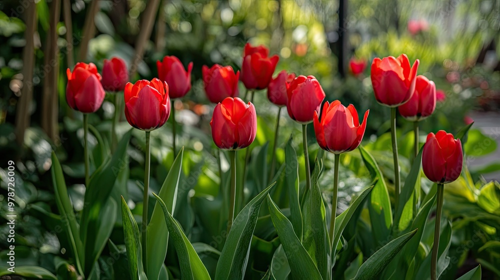 Fototapeta premium Red tulip flowers in a lush garden, with vibrant green leaves creating a stunning backdrop