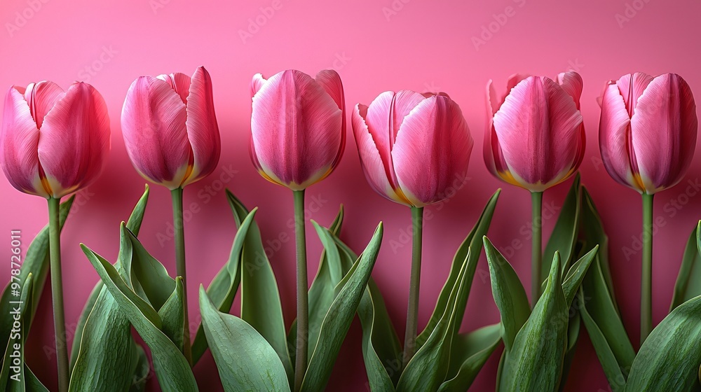 Fototapeta premium A serene arrangement of pink tulips, perfect for minimalist Thanksgiving and Halloween designs with ample copy space for messages.