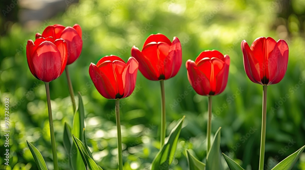 Red tulip flowers blooming in a garden, set against a vivid green backdrop, creating a fresh and colorful floral scene