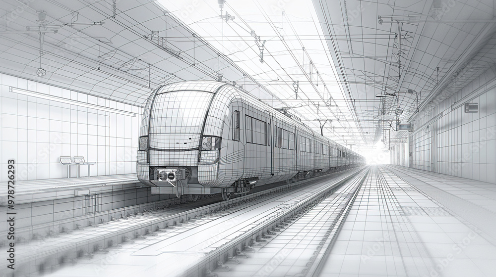 3d wireframe of modern train at railway station or metro, Rapid transit system, transportation, railway logistics concept 3d wireframe of modern train at railway station or metro, Rapid transit system, transportation, railway logistics concept