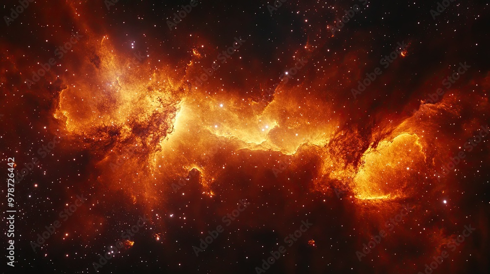 Red-orange nebula glowing in space, with swirling gas clouds and clusters of stars creating an ethereal cosmic backdrop Red-orange nebula glowing in space, with swirling gas clouds and clusters of stars creating an ethereal cosmic backdrop