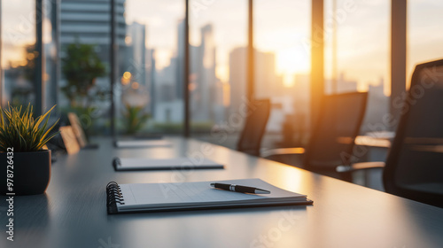 Inspirational workspace with a notebook and pen, golden hour sunlight illuminating the modern office