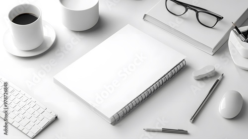 A plain notebook or binder mockup with a blank cover, set on a white desk. Minimalist stationery photo