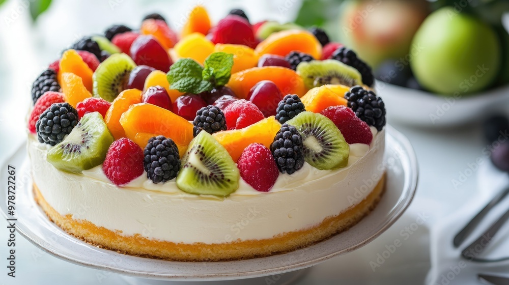 Seasonal fruits atop a creamy cake, creating a colorful and refreshing dessert perfect for any occasion Seasonal fruits atop a creamy cake, creating a colorful and refreshing dessert perfect for any occasion