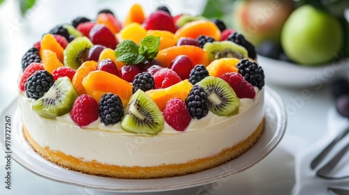 Seasonal fruits atop a creamy cake, creating a colorful and refreshing dessert perfect for any occasion