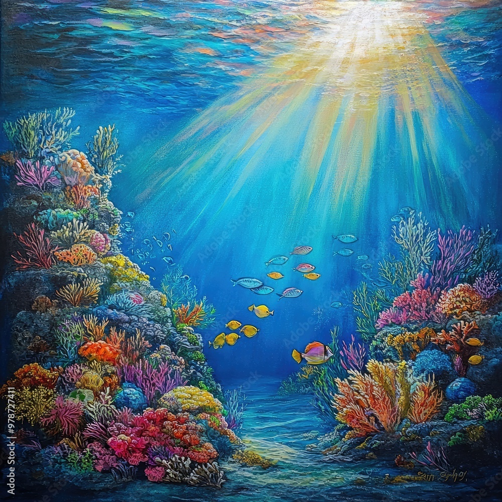 Naklejka premium Serene underwater scene with colorful coral reefs, schools of fish, and sunrays streaming through the clear ocean water