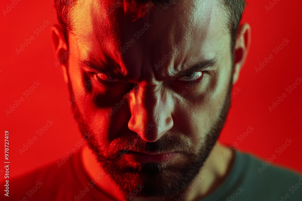 Man displays a fierce and intense expression of anger on red backdrop Man displays a fierce and intense expression of anger on red backdrop