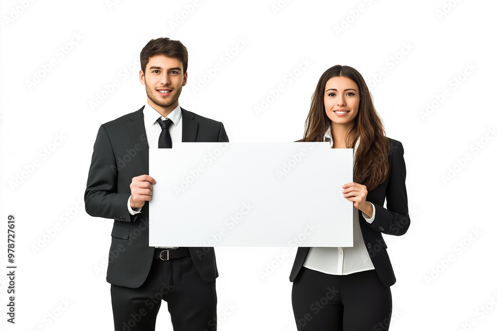 A team of businessmen and businesswomen holding a blank white billboard isolated on a white background. A team of businessmen and businesswomen holding a blank white billboard isolated on a white background.