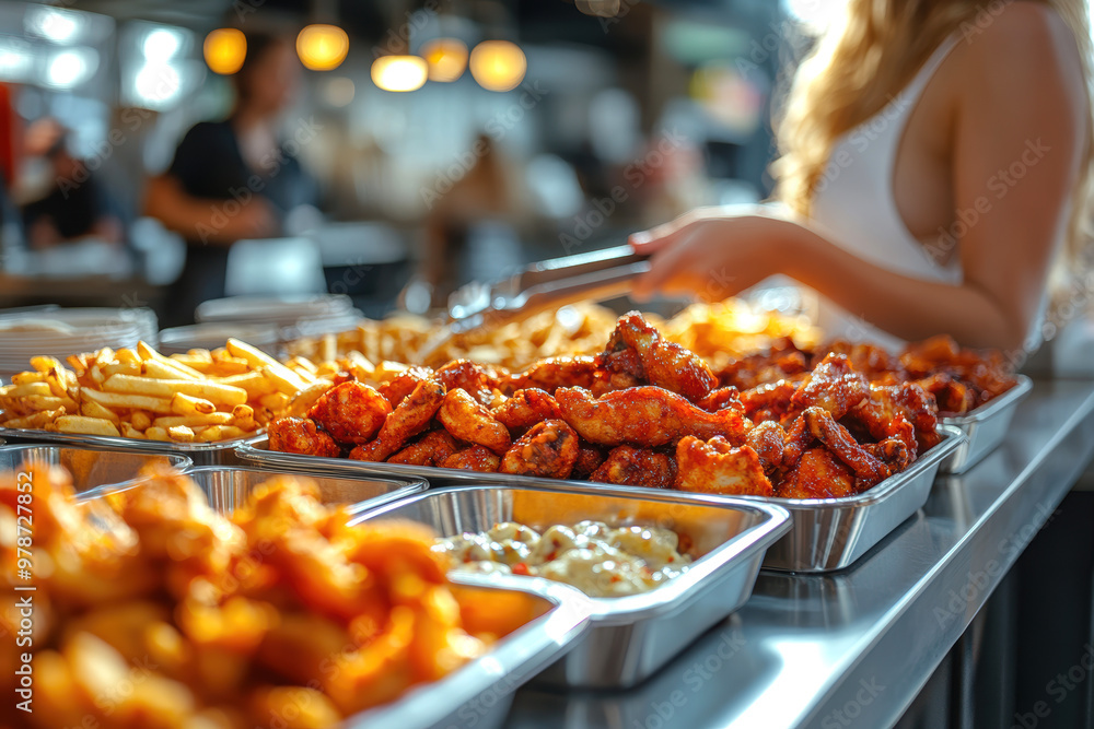 A woman at the diner putting on fries and chicken wings. AI generative. A woman at the diner putting on fries and chicken wings. AI generative.