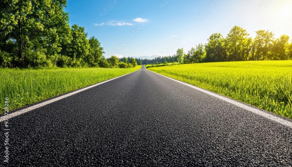 A clear road stretches ahead, bordered by lush greenery and a bright blue sky, inviting adventure and exploration. A clear road stretches ahead, bordered by lush greenery and a bright blue sky, inviting adventure and exploration.