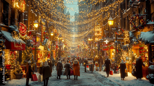 A street decorated for Christmas. AI generative.