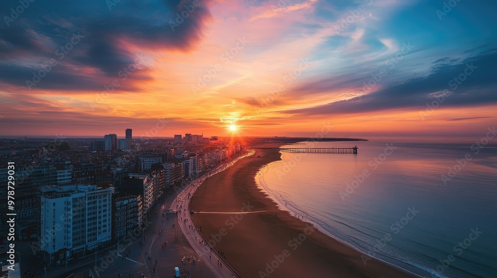 Sunset over the coastal city of Ostend, Belgium, with the beach and pier in view. Sunset over the coastal city of Ostend, Belgium, with the beach and pier in view.