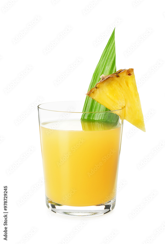 Glass with pineapple juice, leaf and piece of fresh fruit isolated on white Glass with pineapple juice, leaf and piece of fresh fruit isolated on white