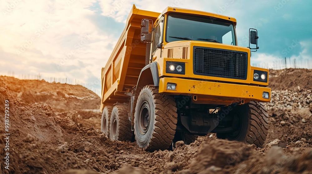 A powerful yellow dump truck operating on a construction site, showcasing strength and durability in heavy machinery. A powerful yellow dump truck operating on a construction site, showcasing strength and durability in heavy machinery.
