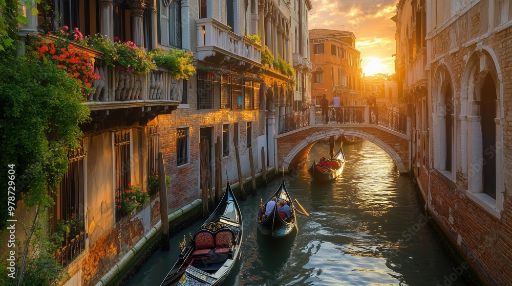 Experience a tranquil Venice canal with gondolas, historic buildings, and a golden sunset glow.