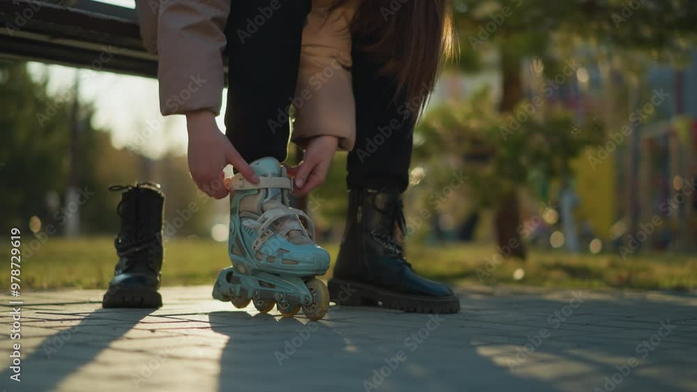 A close-up shot of a person removing their light blue rollerblades and putting on black boots in a park during a sunny day. transition between skating and walking, highlighting the focus on footwear A close-up shot of a person removing their light blue rollerblades and putting on black boots in a park during a sunny day. transition between skating and walking, highlighting the focus on footwear