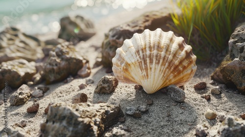 Nautilus shell in an abstract setting, showcasing its intricate spiral design. The shell's geometric pattern is a beautiful display of nature's artistry.