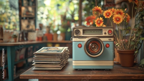 Vintage camera beside stacks of photographs and vibrant flowers.