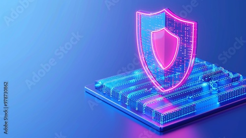 Futuristic digital shield symbolizing cybersecurity and protection on a tech-inspired background. photo