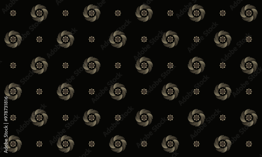 Seamless pattern with abstract eight petal flowers in gold n brown on black background. Vector illustration. For masculine shirt lady dress casual textile cloth print wallpaper cover decoration Seamless pattern with abstract eight petal flowers in gold n brown on black background. Vector illustration. For masculine shirt lady dress casual textile cloth print wallpaper cover decoration