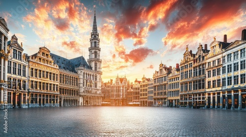 The iconic Grand Place in Brussels, Belgium, at sunset with golden light illuminating the historic buildings. photo