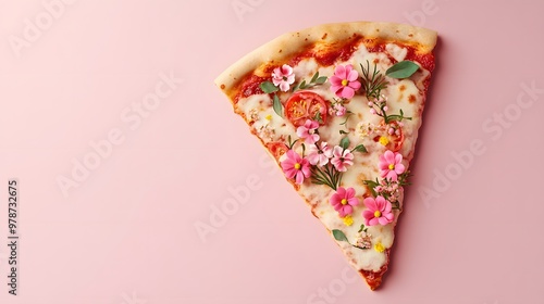 Slice of pizza with spring flowers, floral pizza isolated on flat pastel pink background. Creative concept for spring banner advertising pizza restaurant. 3d render illustration style. 