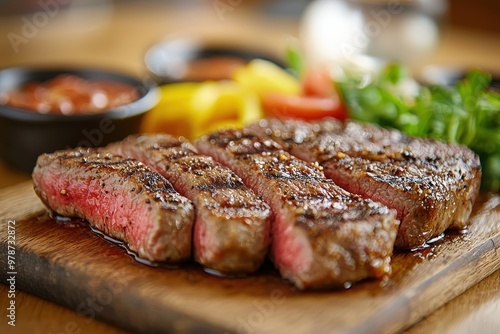 Juicy grilled steak with fresh salad and vegetables. Hearty, savory meat dish with healthy sides