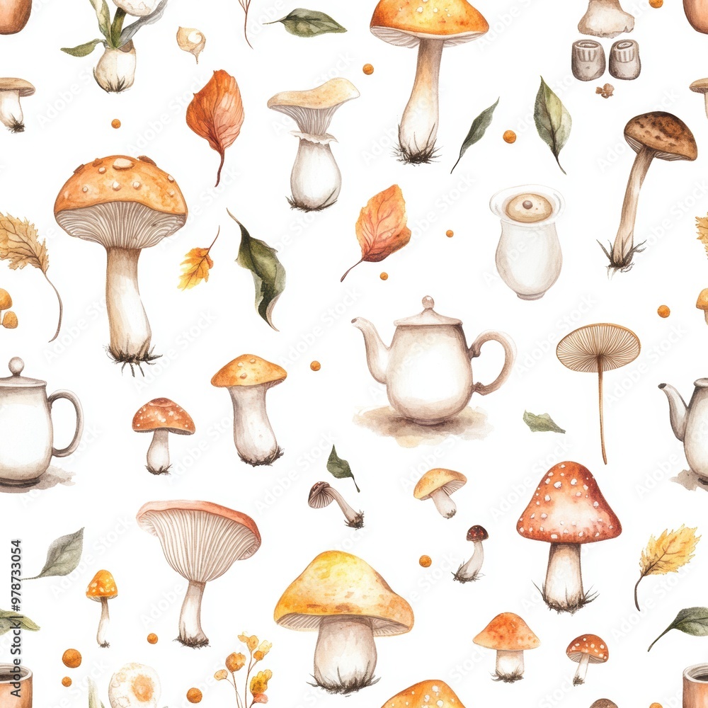Watercolor Mushrooms & Teapot. Watercolor Mushrooms & Teapot.
