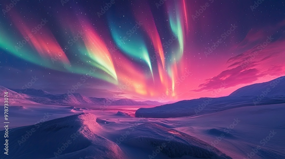 Obraz premium The Northern Lights illuminating the sky over a snowy landscape in Greenland, with vibrant colors dancing.