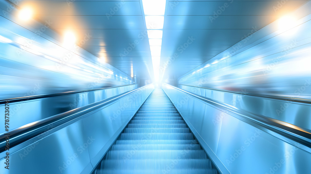 Fototapeta premium Abstract Blue and White Perspective of an Escalator with Blurred Motion, Leading Towards a Bright Light Source