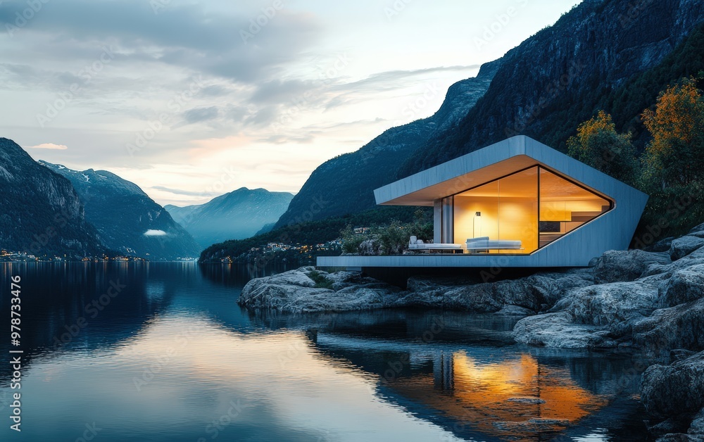Fototapeta premium House in norway among mountains and fjords. Sunny day futuristic and hi-tech design of a small modern house. advertising photo. 