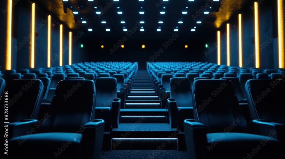 Fototapeta premium A modern cinema hall with empty blue seats illuminated by bright lights, showcasing a captivating and immersive movie experience.