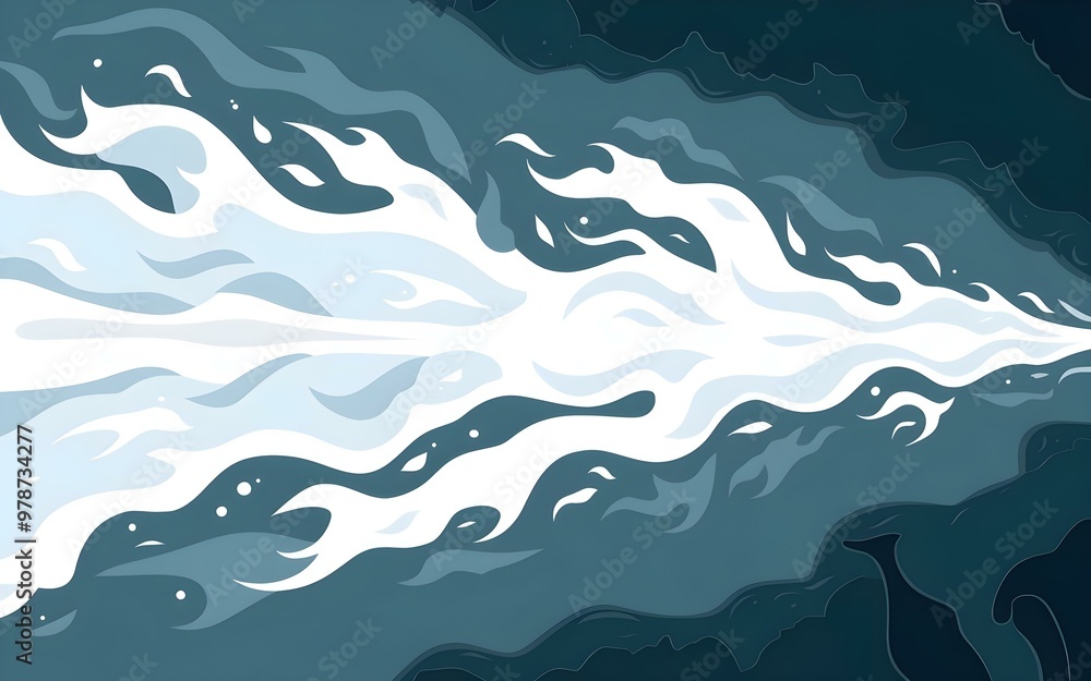 Minimalistic Illustration of a Curved White Wave Moving Right in Deep Blue Ocean Background, with Textured White Dots Minimalistic Illustration of a Curved White Wave Moving Right in Deep Blue Ocean Background, with Textured White Dots