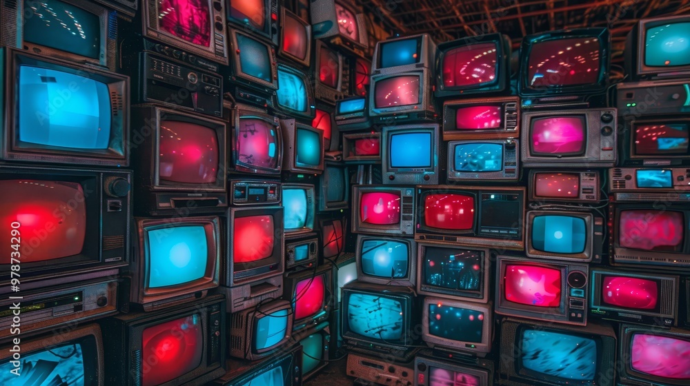 Vibrant wall of televisions showcasing a spectrum of colorful broadcasts and visuals Vibrant wall of televisions showcasing a spectrum of colorful broadcasts and visuals